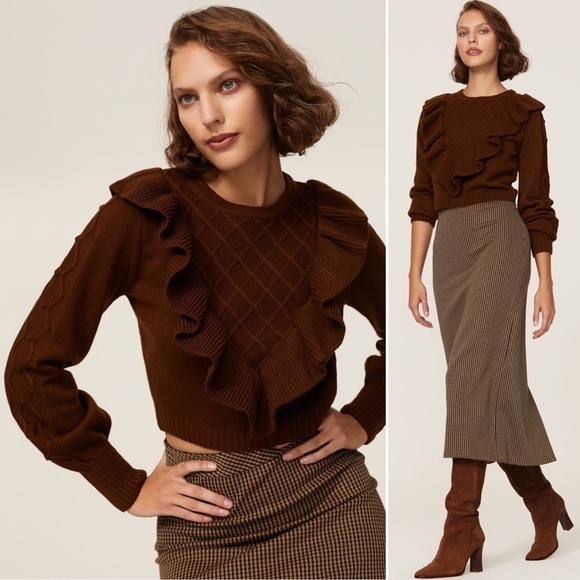 LOUNA Ruffle Trim Lattice V Front Long Puff Sleeve Dark Academia Sweater Size XS - Picture 1 of 8